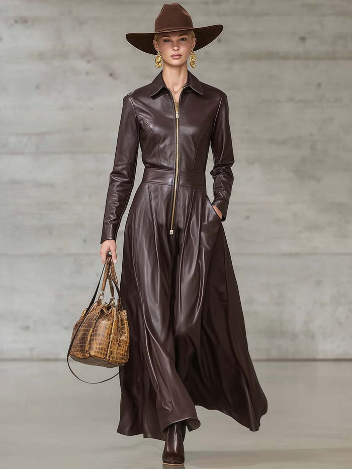Exquisite Temperament Front Zipper Long Sleeve High-quality Brown Leather Maxi Dress  - By Qivii