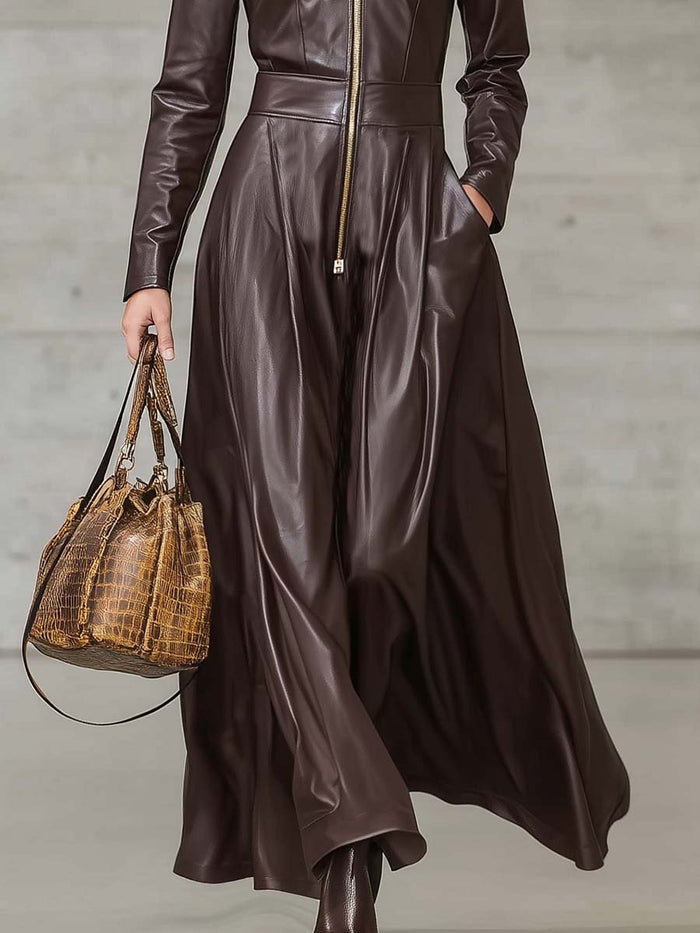 Exquisite Temperament Front Zipper Long Sleeve High-quality Brown Leather Maxi Dress  - By Qivii
