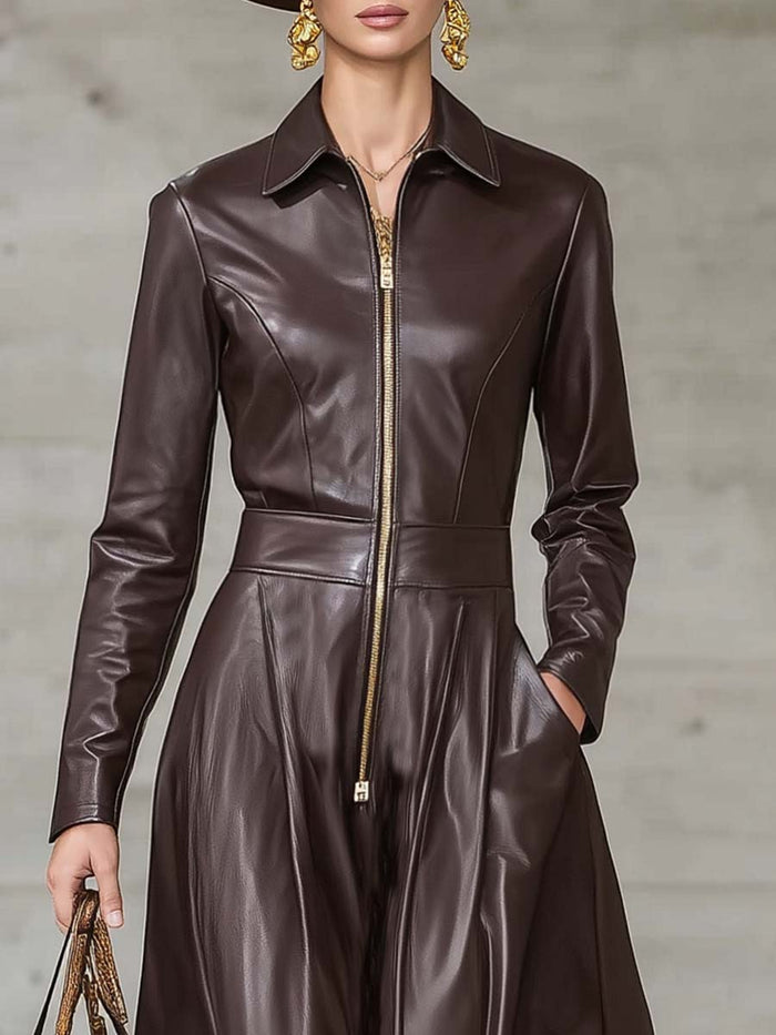 Exquisite Temperament Front Zipper Long Sleeve High-quality Brown Leather Maxi Dress  - By Qivii