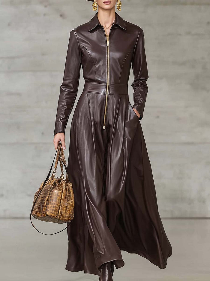 Exquisite Temperament Front Zipper Long Sleeve High-quality Brown Leather Maxi Dress  - By Qivii