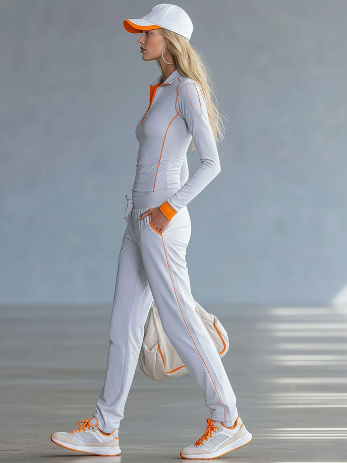 Fashionable Sporty Gray-blue Long-sleeved Half-zip Top And Trousers Set  - By Qivii