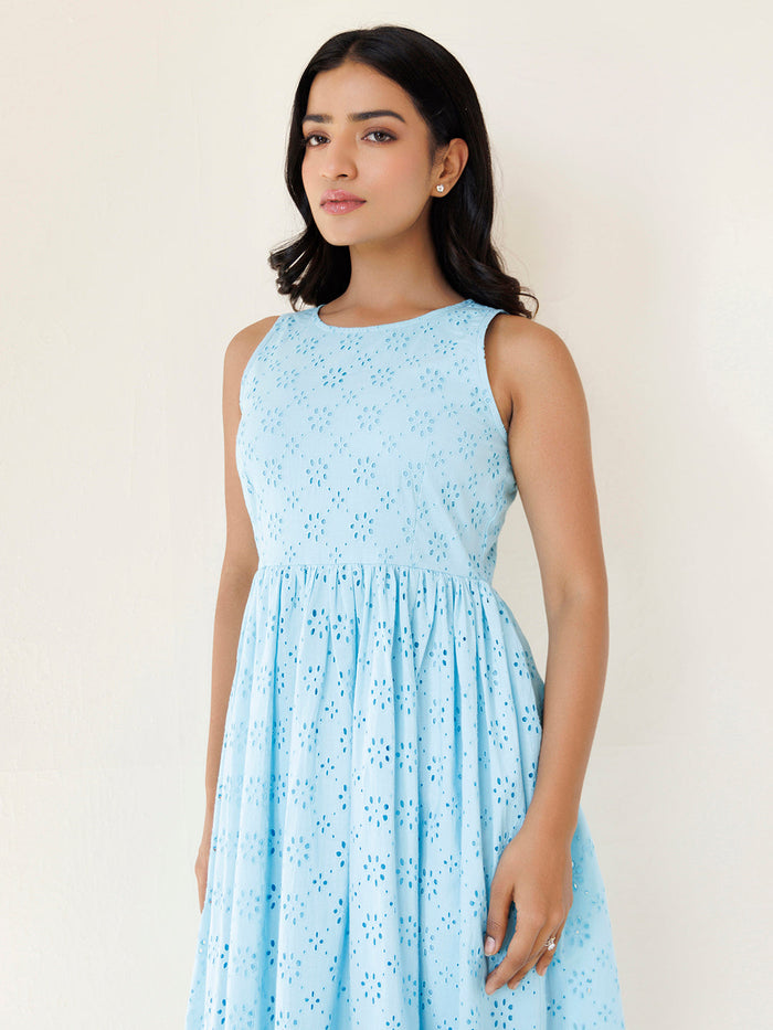 Felicia Blue Daisy Cotton Schiffli Dress