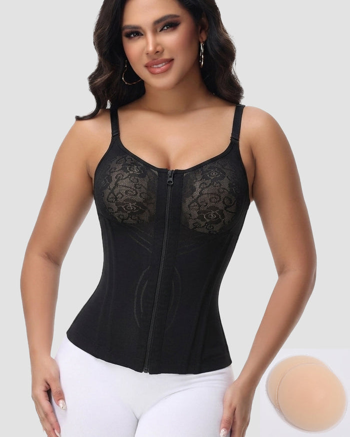 Floral Lace Overbust Waist Trainer Top With Nipple Covers - By Qivii