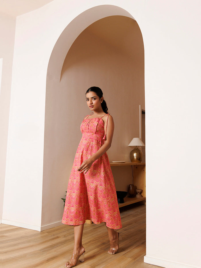 Gerbera Pink Cotton Printed Midi Dress