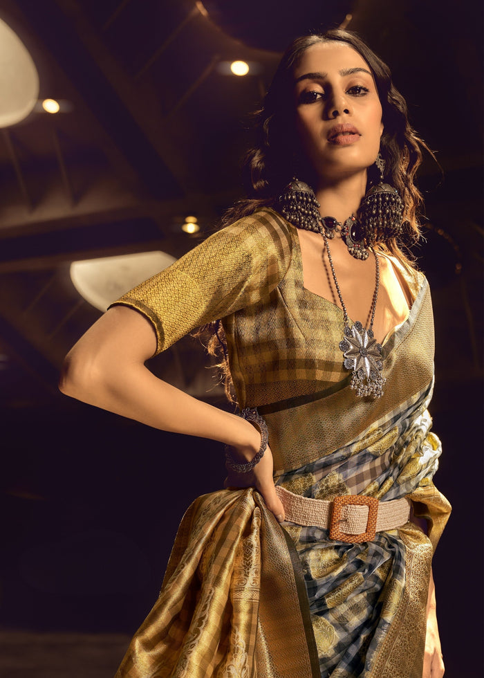 Golden Check Handloom Weaving Silk Saree - qivii
