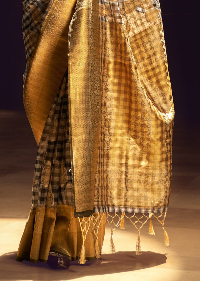 Golden Check Handloom Weaving Silk Saree - qivii