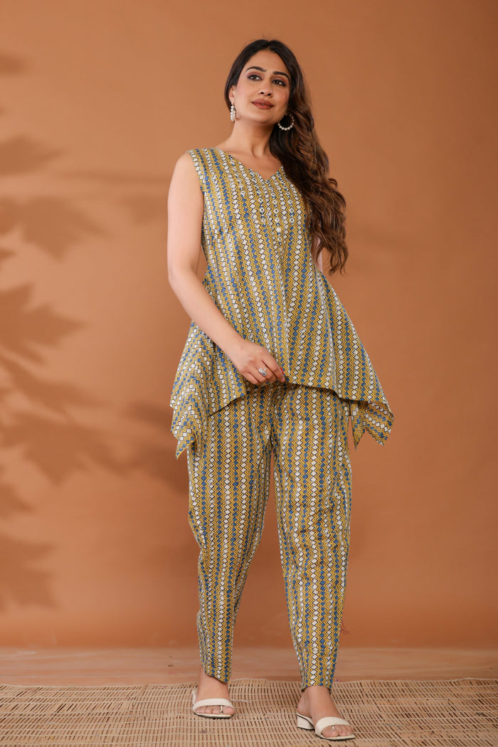 Golden Haze Yellow Cotton Hand Block Printed Co- Ord Set