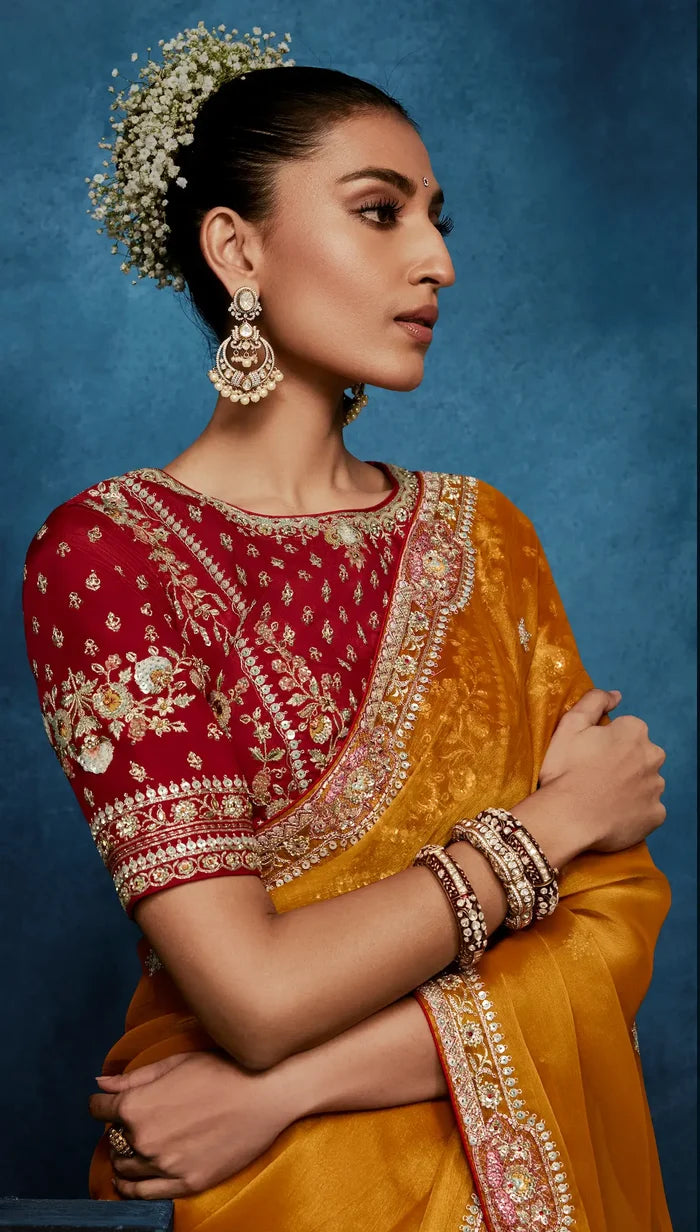 Golden Yellow Embroidery & Hand Work Saree