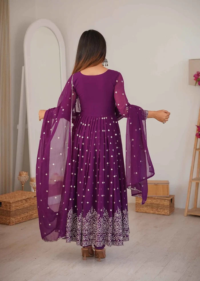 Grape Purple Georgette Embroidered Gown