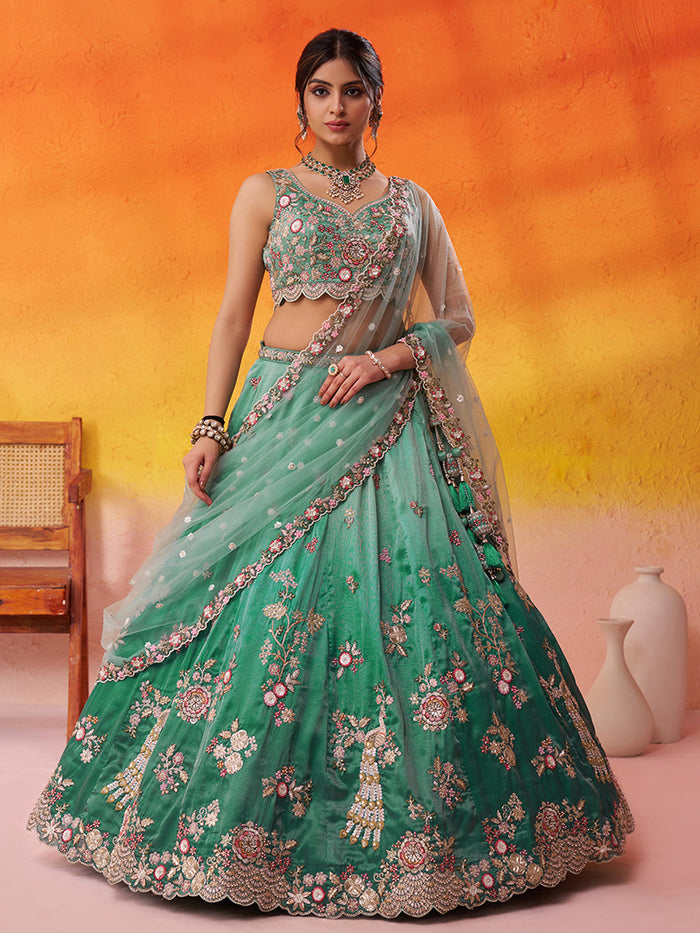 GREEN - Tissue Fabric Sequins embroidery Lehenga & Unstitched Blouse With Dupatta