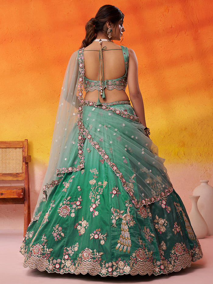 GREEN - Tissue Fabric Sequins embroidery Lehenga & Unstitched Blouse With Dupatta