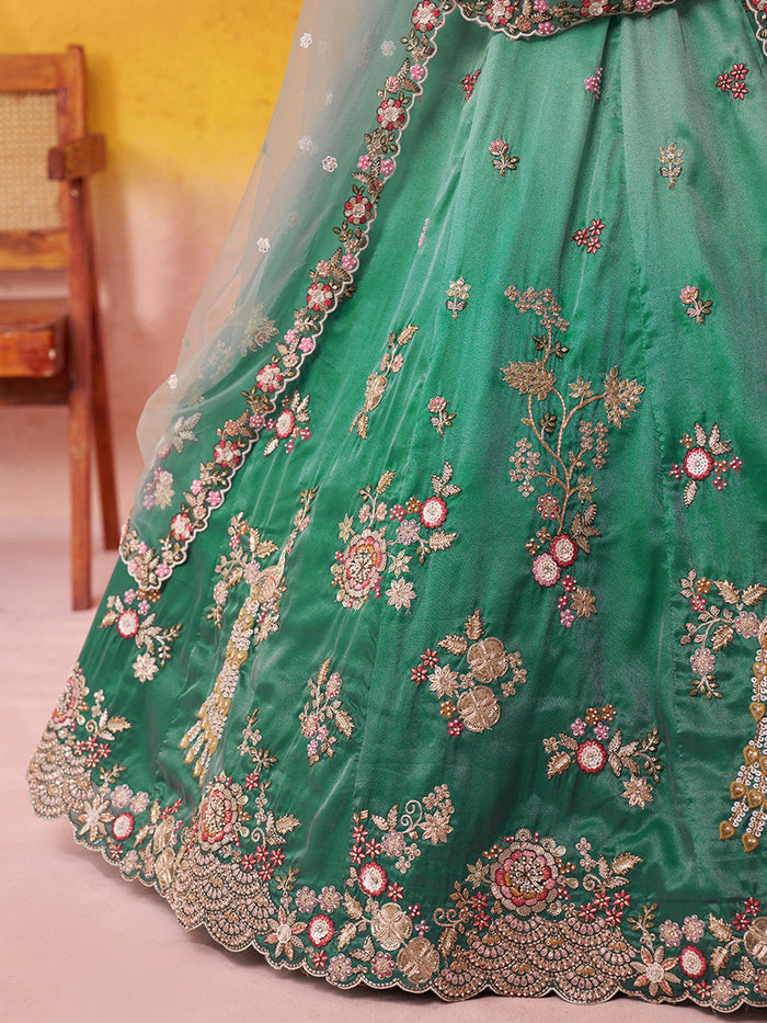 GREEN - Tissue Fabric Sequins embroidery Lehenga & Unstitched Blouse With Dupatta