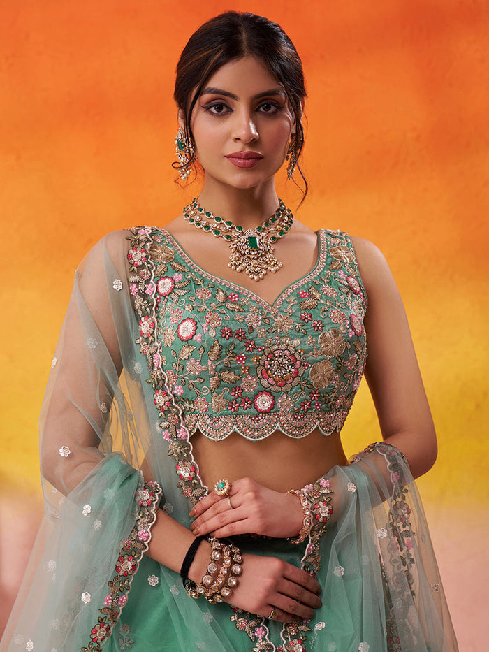 GREEN - Tissue Fabric Sequins embroidery Lehenga & Unstitched Blouse With Dupatta