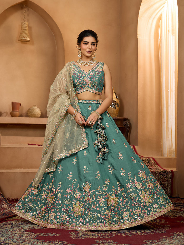 Green- Georgette Fabric Sequins embroidery Semi-Stitched Lehenga & Unstitched Blouse With Dupatta - qivii