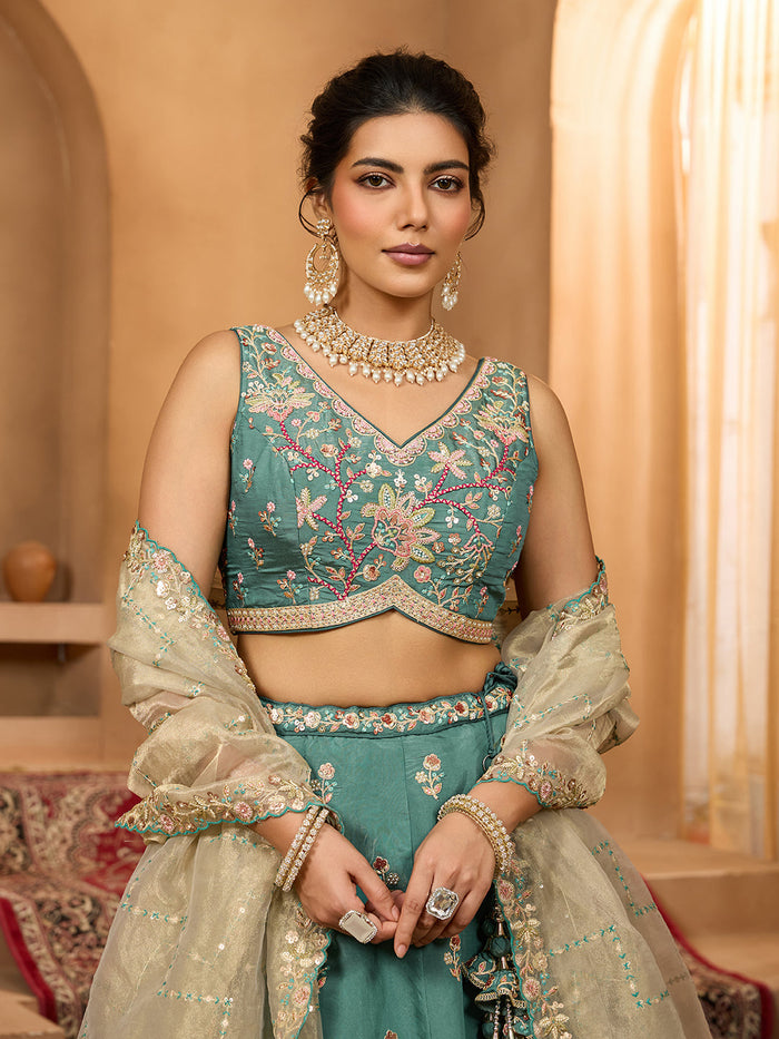Green- Georgette Fabric Sequins embroidery Semi-Stitched Lehenga & Unstitched Blouse With Dupatta - qivii