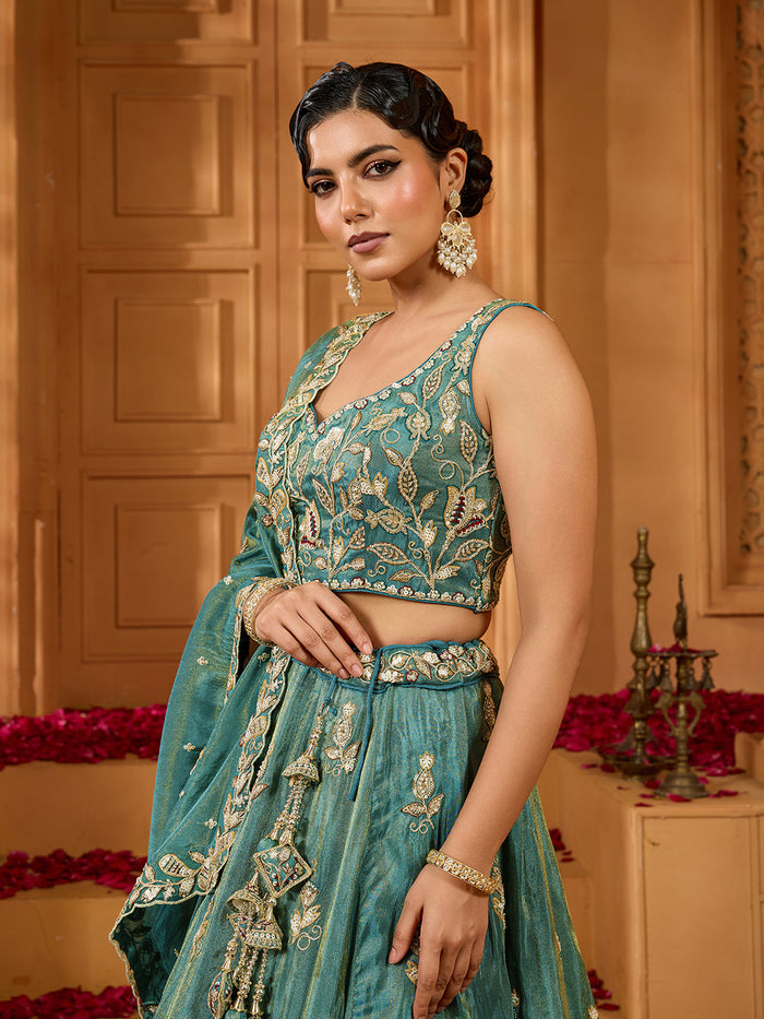Green- Tissue Fabric Sequins embroidery Semi-Stitched Lehenga & Unstitched Blouse With Dupatta - qivii