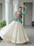 Green Bandhani Print And Gamtthi Patch Work Top With Lehenga For Navratri