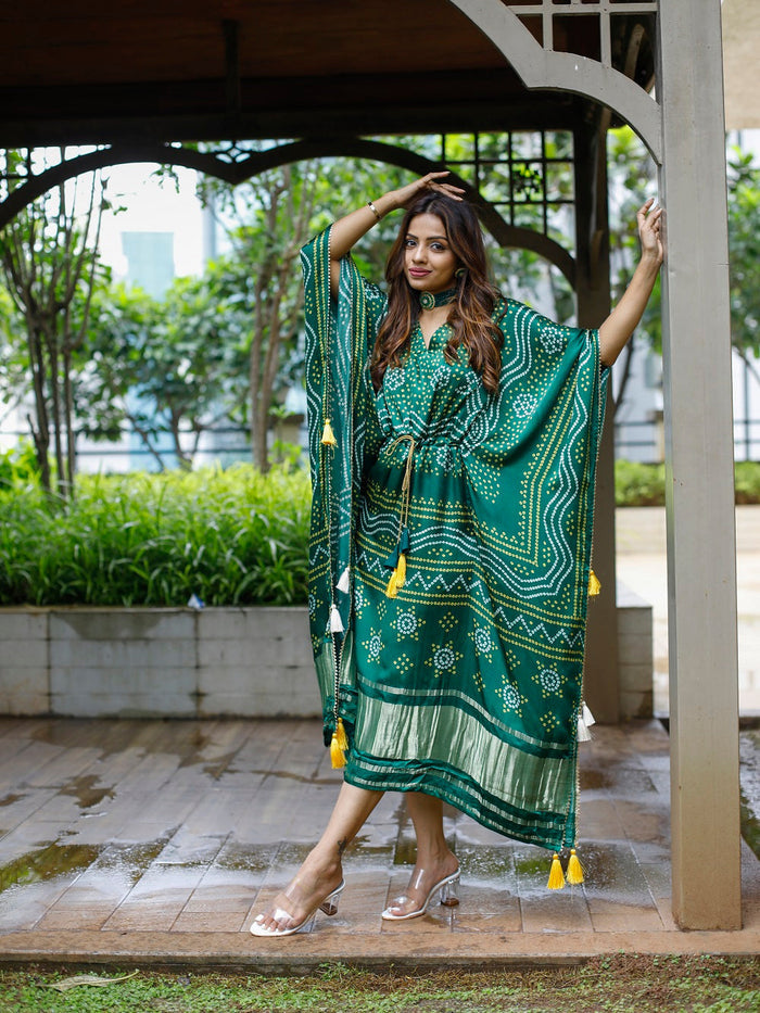 Green Color Digital Bandhej Printed Pure Gaji Silk Kaftan - qivii