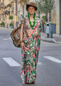 Green & Pink Printed Satin Georgette Saree - qivii