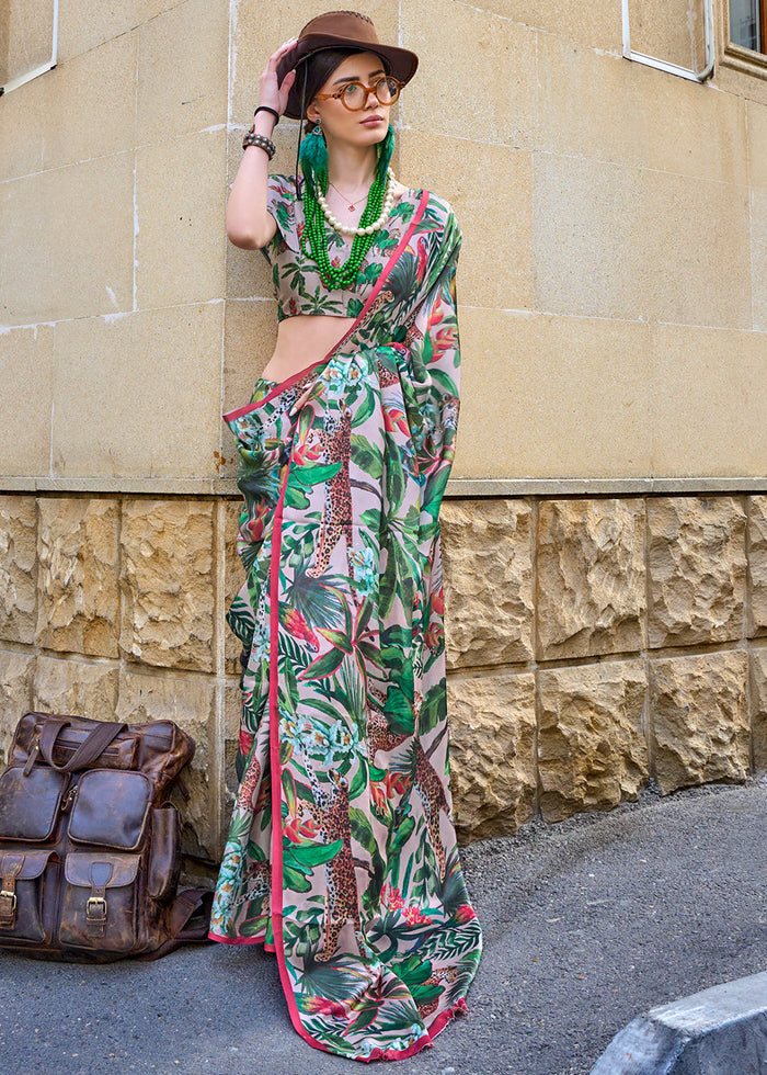 Green & Pink Printed Satin Georgette Saree - qivii