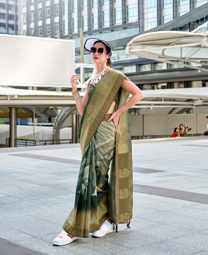 Green Pure Handloom Mashoorm silk with Exclusive Print Saree - qivii