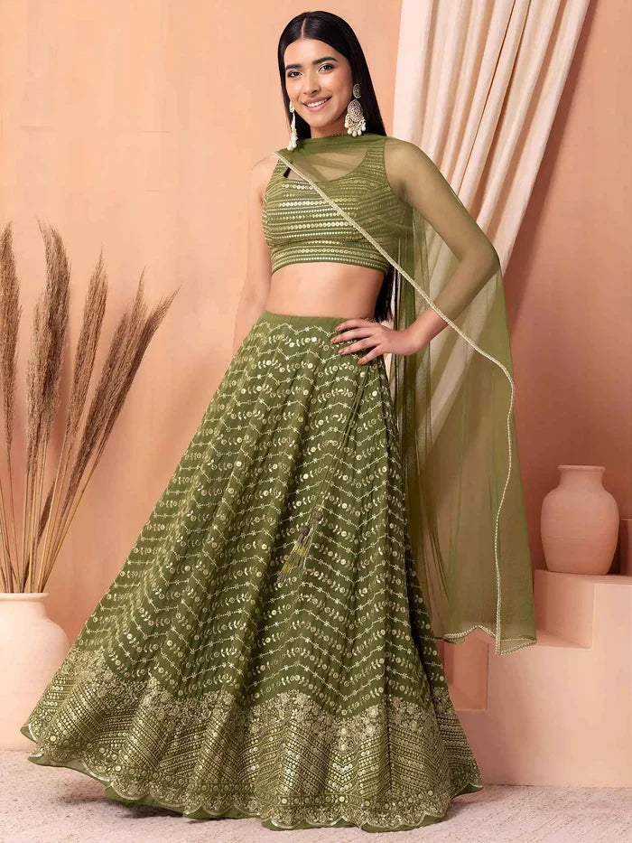 Green Sequins Embroidery Work Lehenga