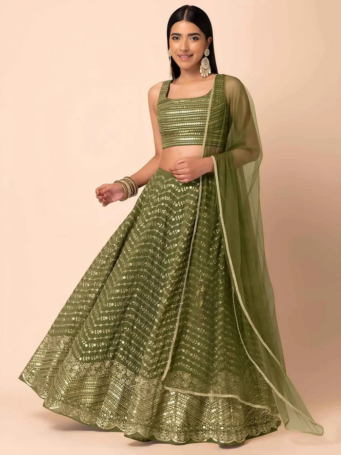 Green Sequins Embroidery Work Lehenga