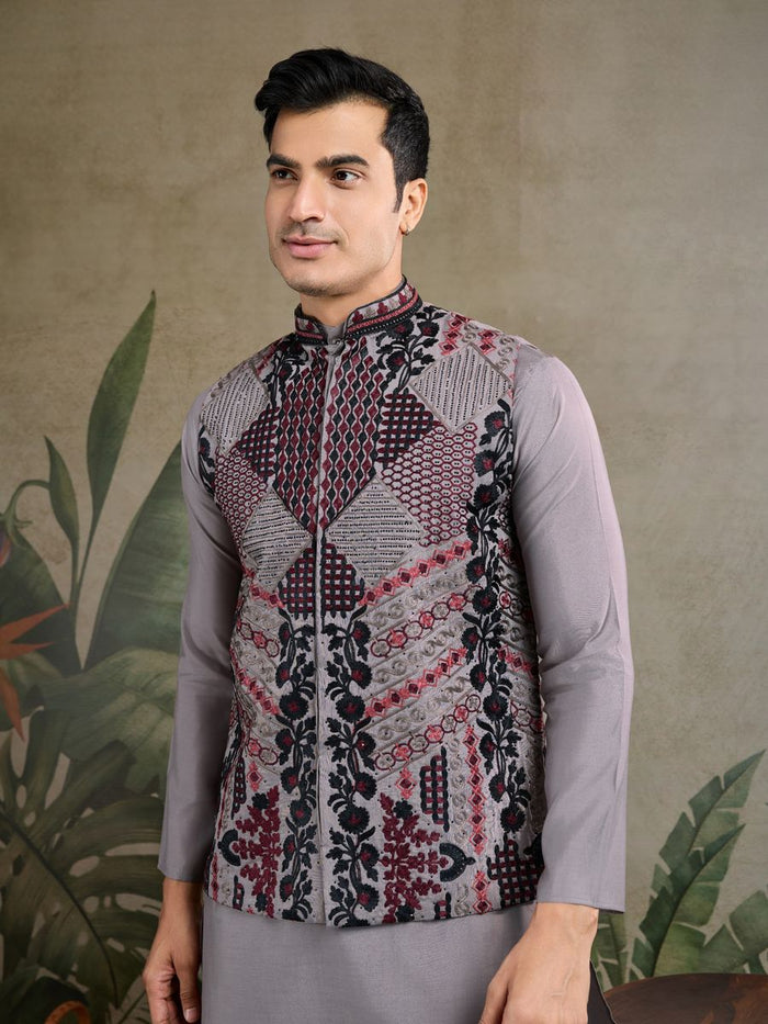 GREY VISCOSE SILK THREAD & SWAROVSKI EMBOIDERED WORK KURTA KOTI - qivii