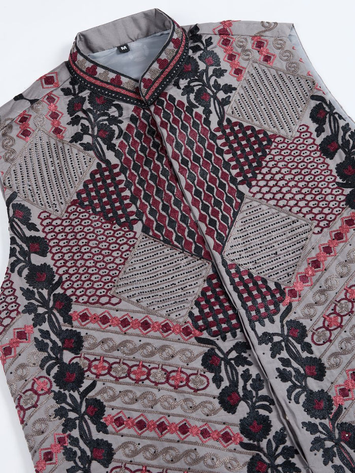 GREY VISCOSE SILK THREAD & SWAROVSKI EMBOIDERED WORK KURTA KOTI - qivii