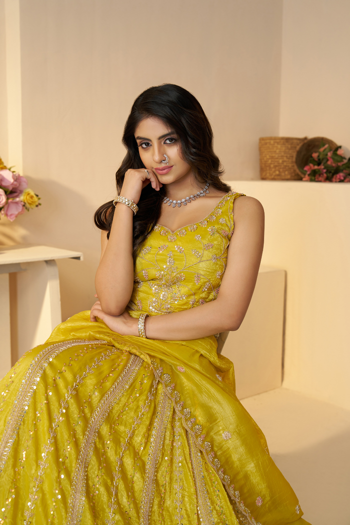Haldi Ceremony Lehenga with Sequin and Cut Dana Work - qivii