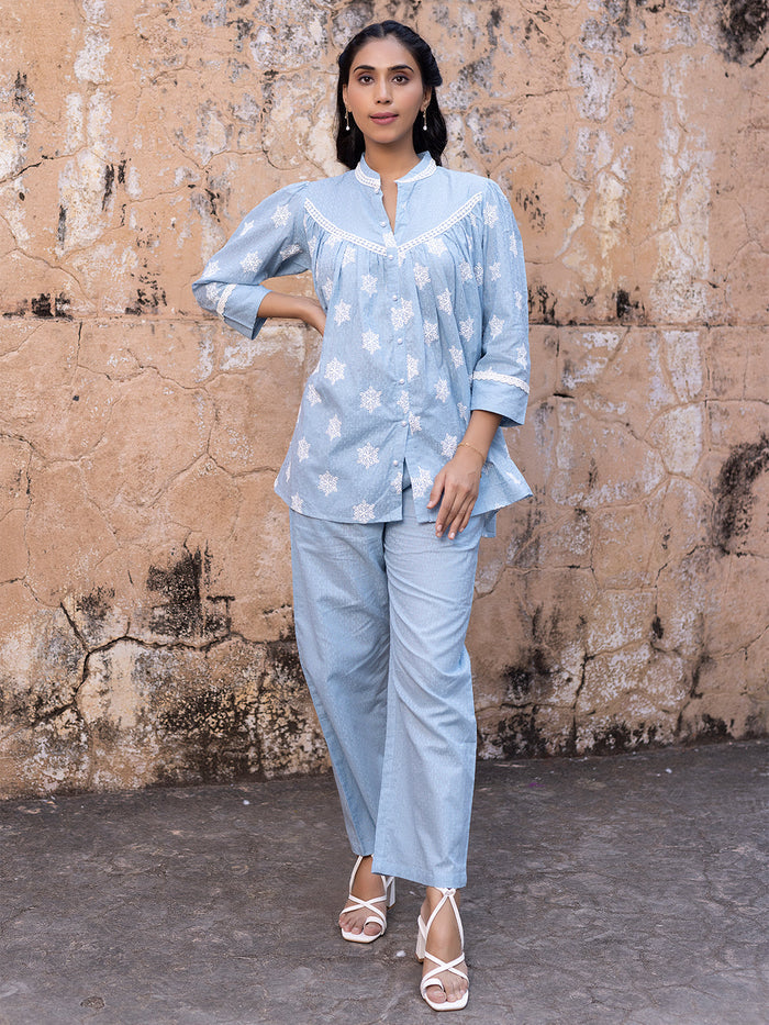 Iced Aqua Sky Blue Cotton Co-Ord Set