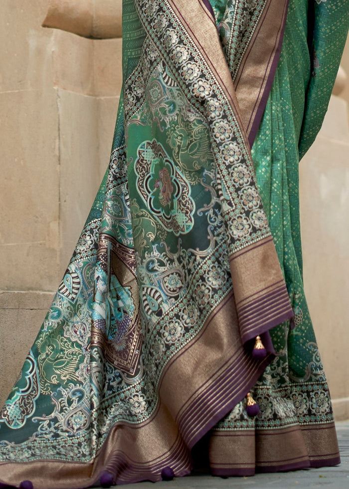Jade Green Poly Viscose Silk Saree With Foil Print - qivii