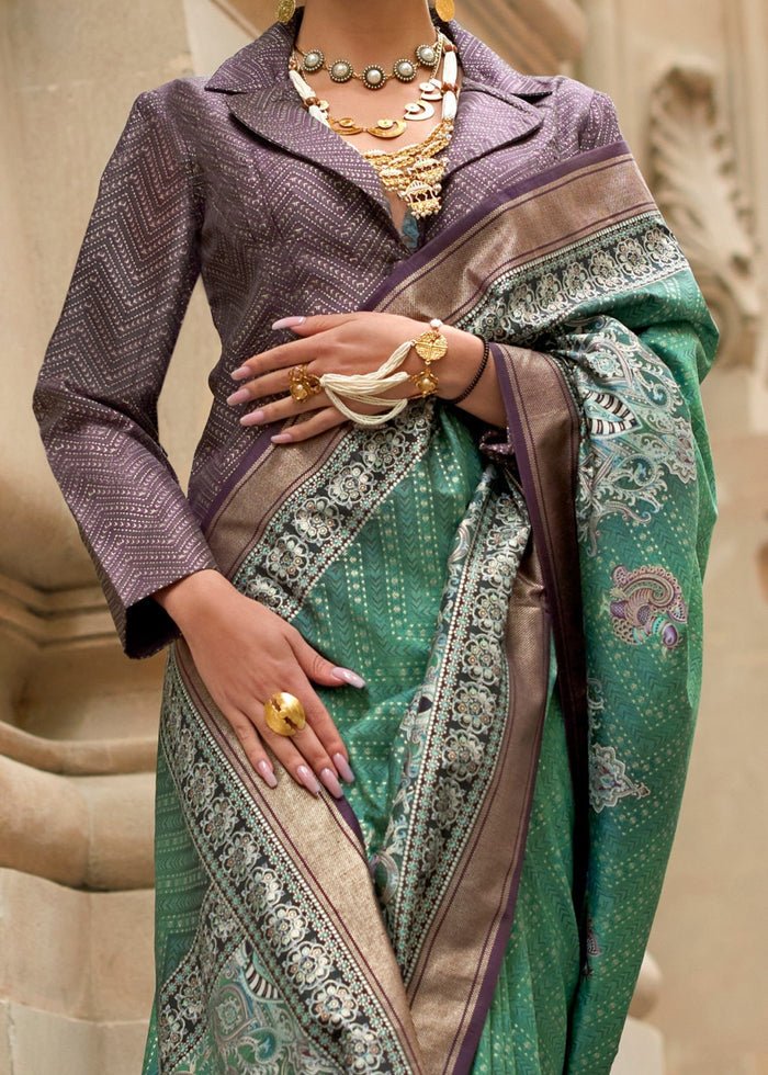 Jade Green Poly Viscose Silk Saree With Foil Print - qivii