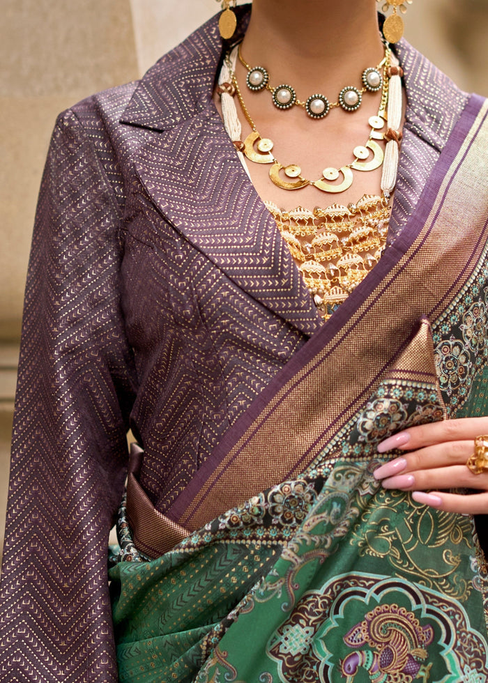 Jade Green Poly Viscose Silk Saree With Foil Print - qivii