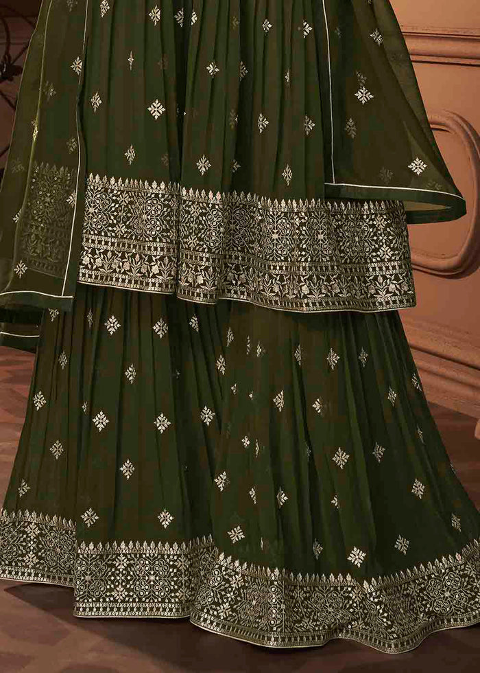 Juniper Green Designer Georgette Plazzo Suit with Sequin & Thread work - qivii