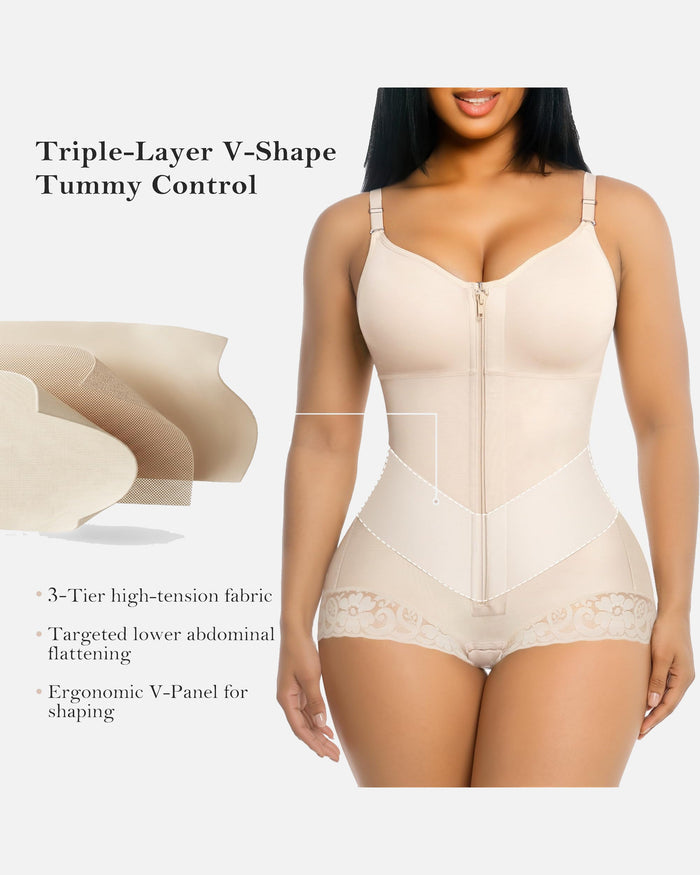 Lace Trim Adjustable Strap Tummy Control Butt Lifting Zipper Bodysuit  - By Qivii