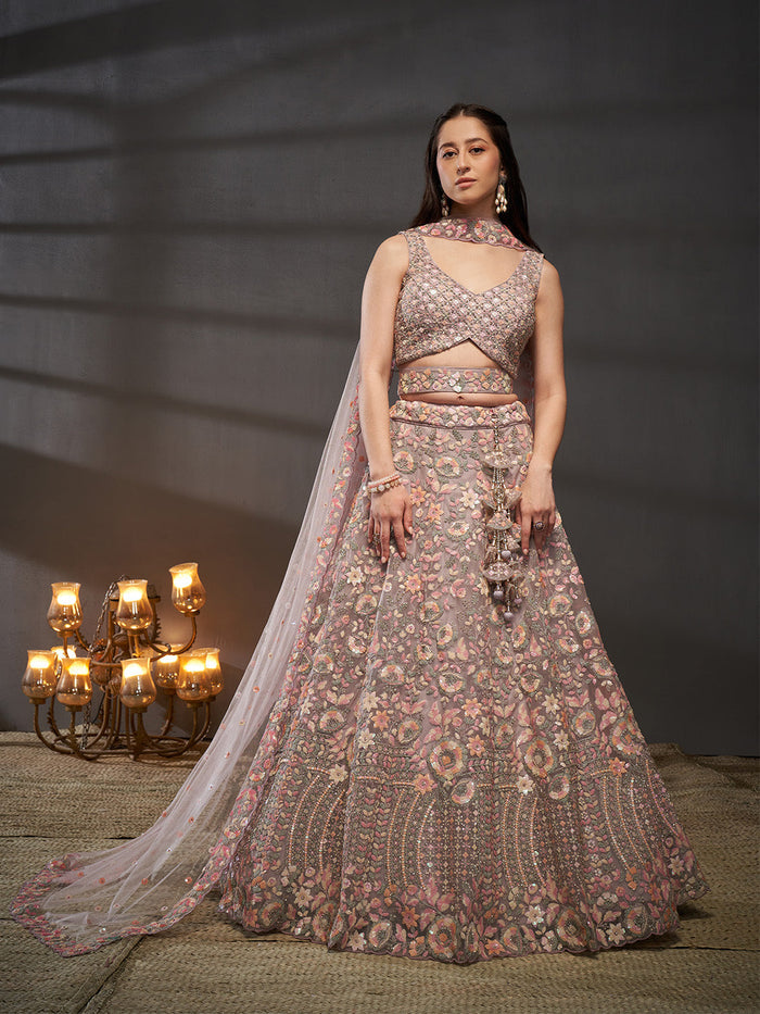 Lavender - Multi Sequins Embroidered Net Semi-Stitched Bridal Lehenga choli - qivii