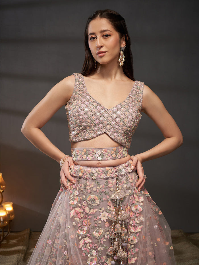 Lavender - Multi Sequins Embroidered Net Semi-Stitched Bridal Lehenga choli - qivii