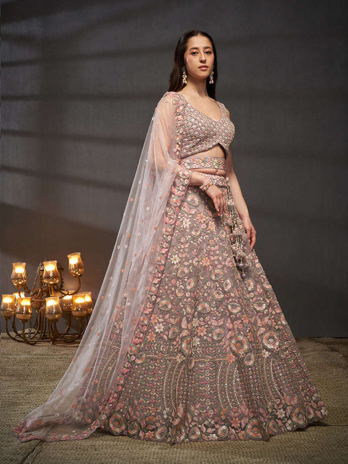 Lavender - Multi Sequins Embroidered Net Semi-Stitched Bridal Lehenga choli - qivii