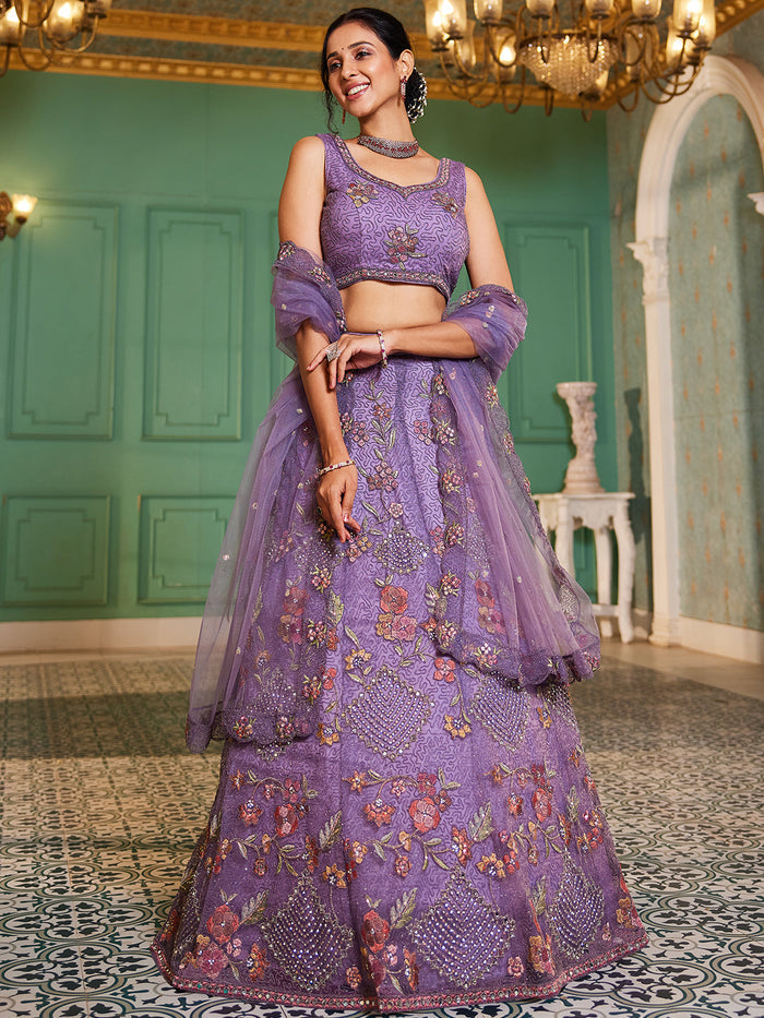 Lavender - Net Embroidered using Thread, Coding, Sequins, Zarkan, Mirror Work Semi-Stitched Lehenga Choli - qivii
