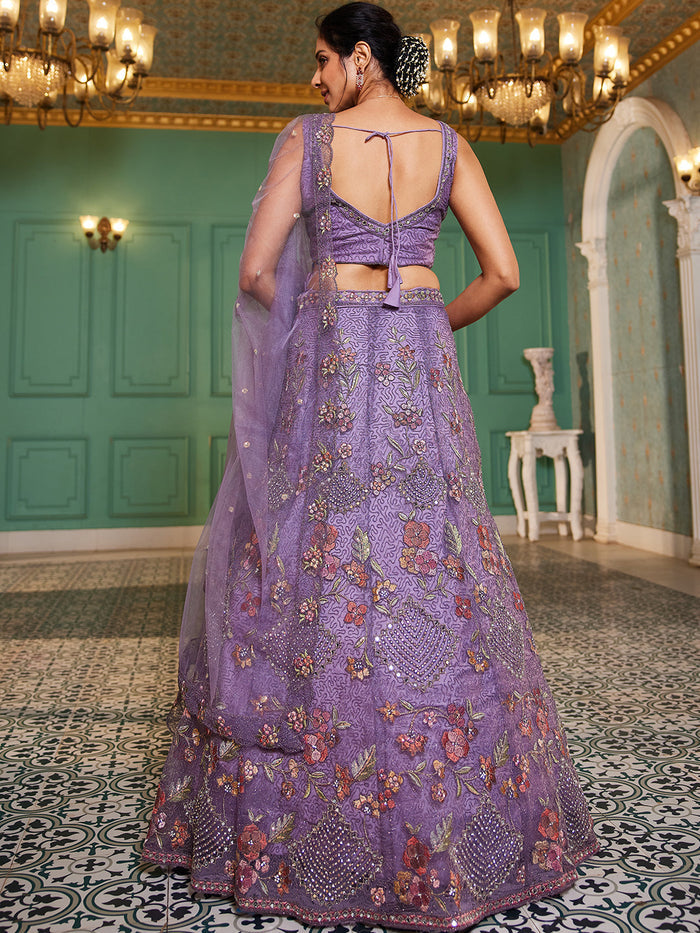 Lavender - Net Embroidered using Thread, Coding, Sequins, Zarkan, Mirror Work Semi-Stitched Lehenga Choli - qivii