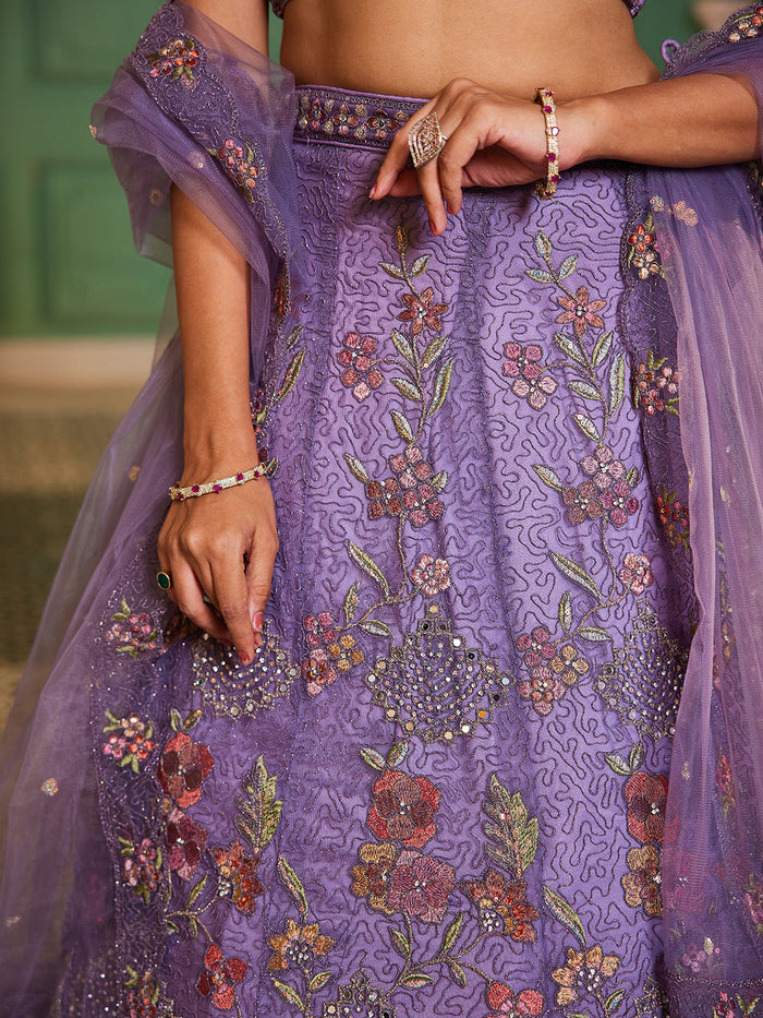 Lavender - Net Embroidered using Thread, Coding, Sequins, Zarkan, Mirror Work Semi-Stitched Lehenga Choli - qivii