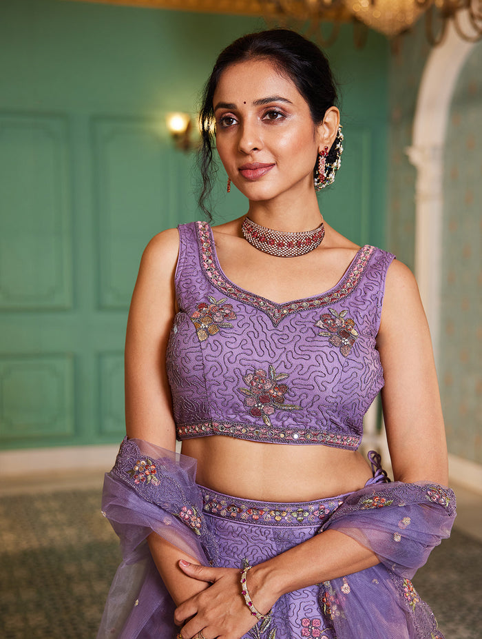 Lavender - Net Embroidered using Thread, Coding, Sequins, Zarkan, Mirror Work Semi-Stitched Lehenga Choli - qivii