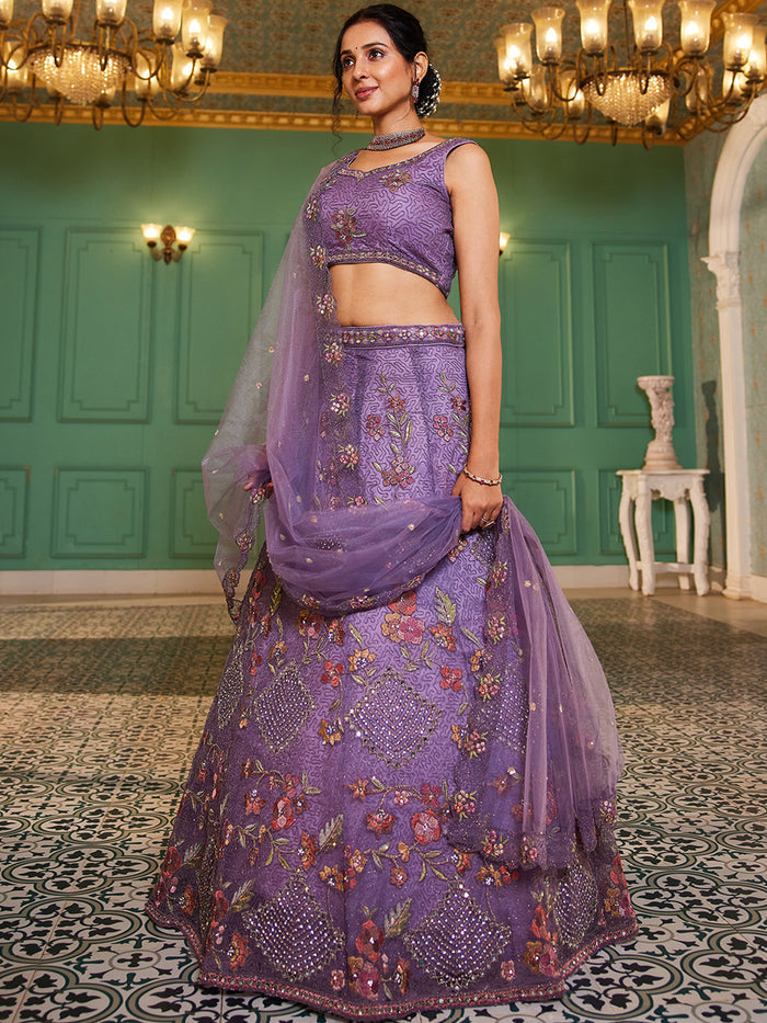 Lavender - Net Embroidered using Thread, Coding, Sequins, Zarkan, Mirror Work Semi-Stitched Lehenga Choli - qivii