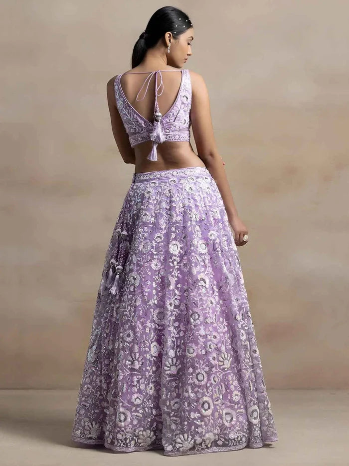Lavender Sequins Work Net Lehenga Choli