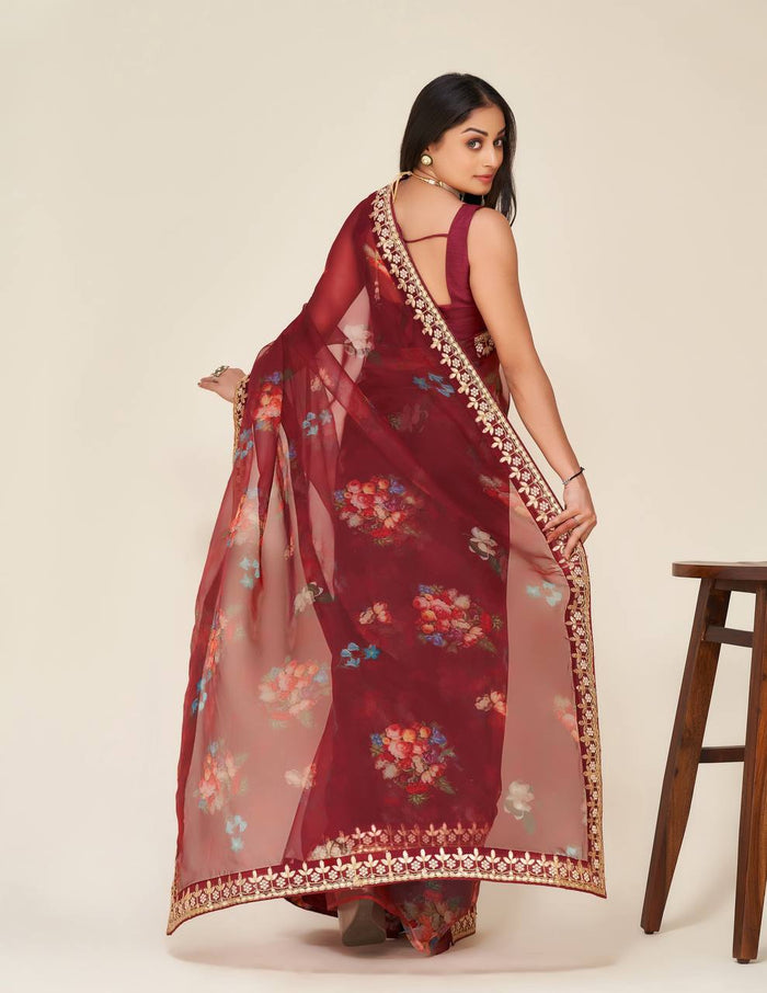 Maroon Digital print organza saree with gotapati & dori work - qivii