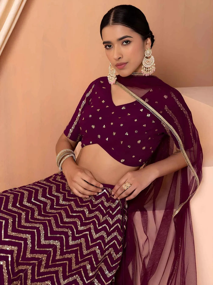 Maroon Georgette Sequins Zari Work Lehenga