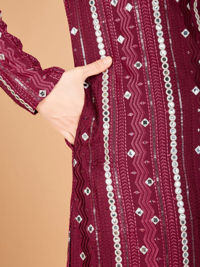 MAROON PURE VISCOSE RAYON THREAD, SEQUENCE & FOIL MIRROR EMBROIDERED WORK KURTA - qivii