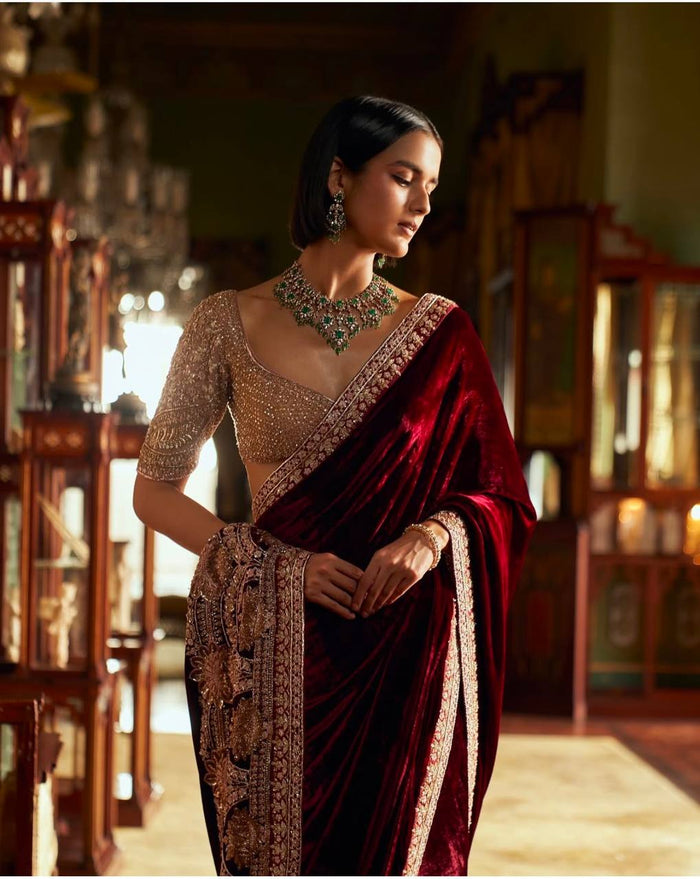 Maroon velvet + net saree with sequins , thread & Dori work Saree - INSPIRED - qivii