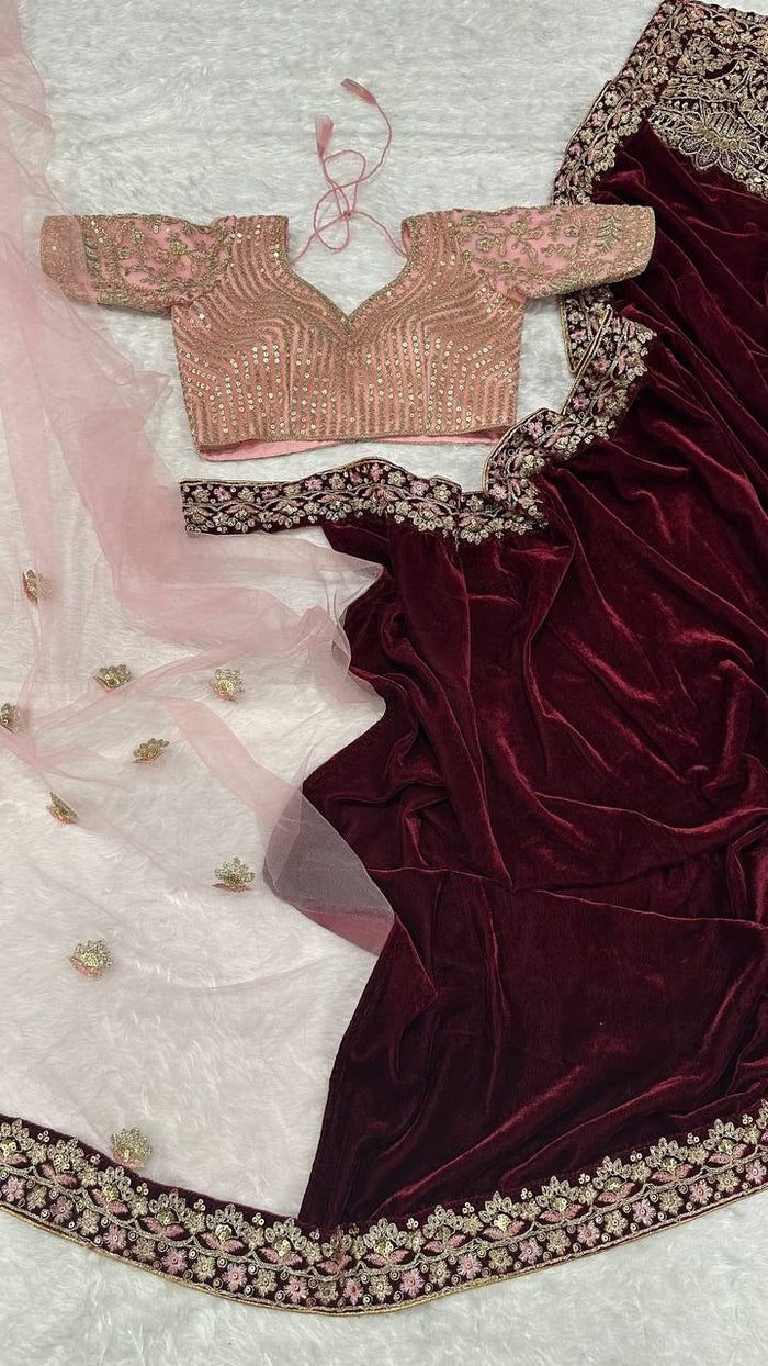 Maroon velvet + net saree with sequins , thread & Dori work Saree - INSPIRED - qivii
